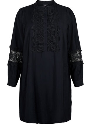 Viscose dress with crochet details, Black, Packshot image number 0