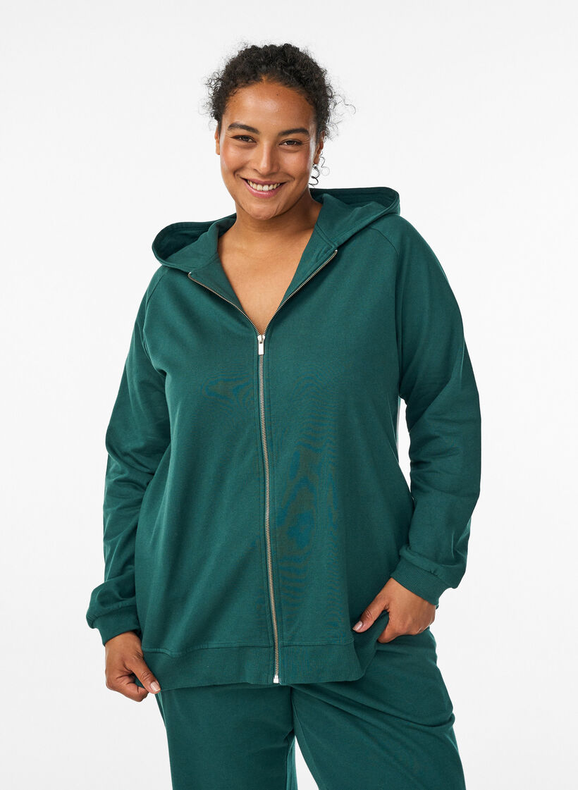 Hoodie with zipper and back print, Green, Model image number 0