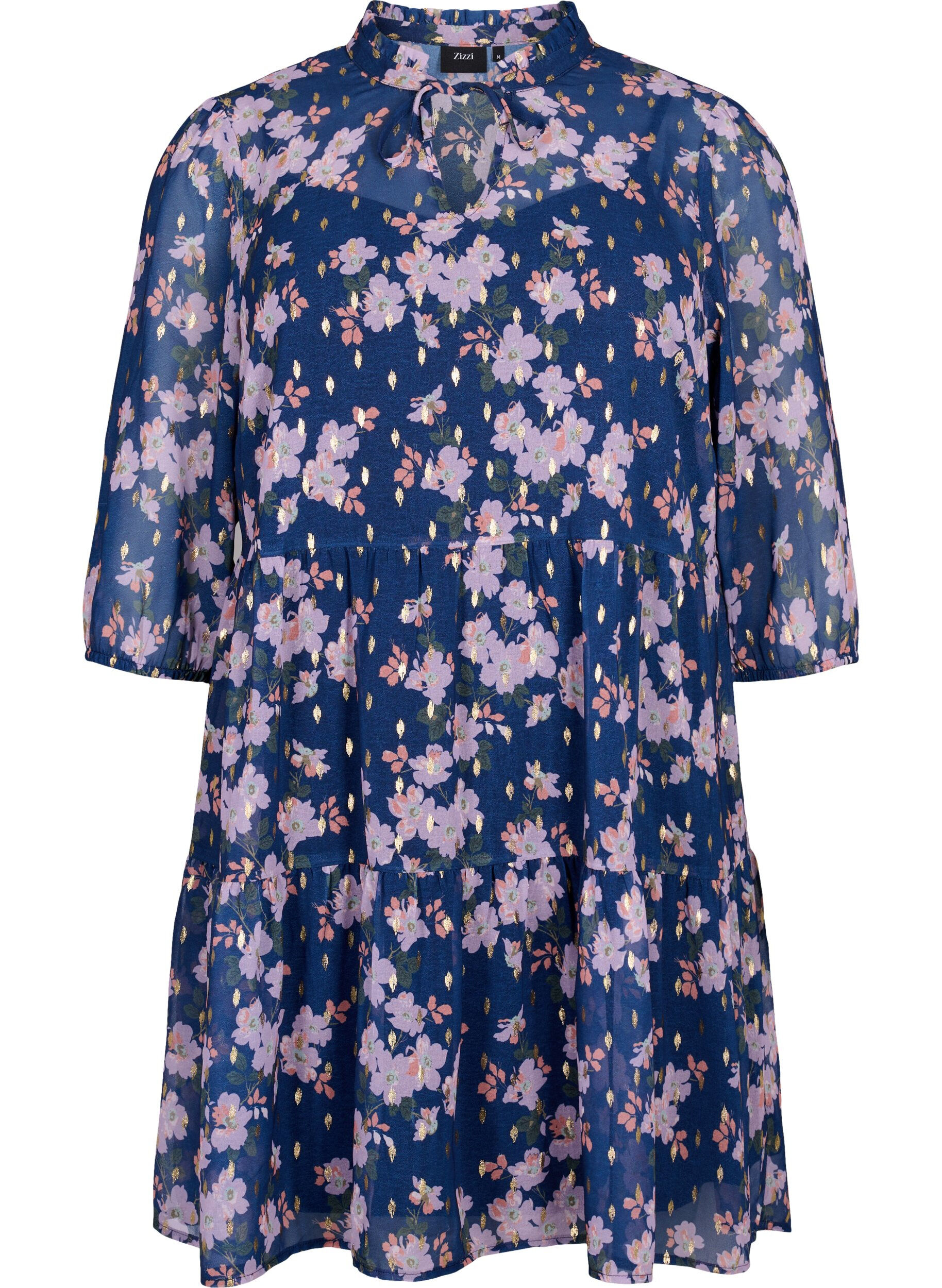 Zizzifashion Tunic with floral print and lurex, Blue Small Fl. AOP, Packshot image number 0