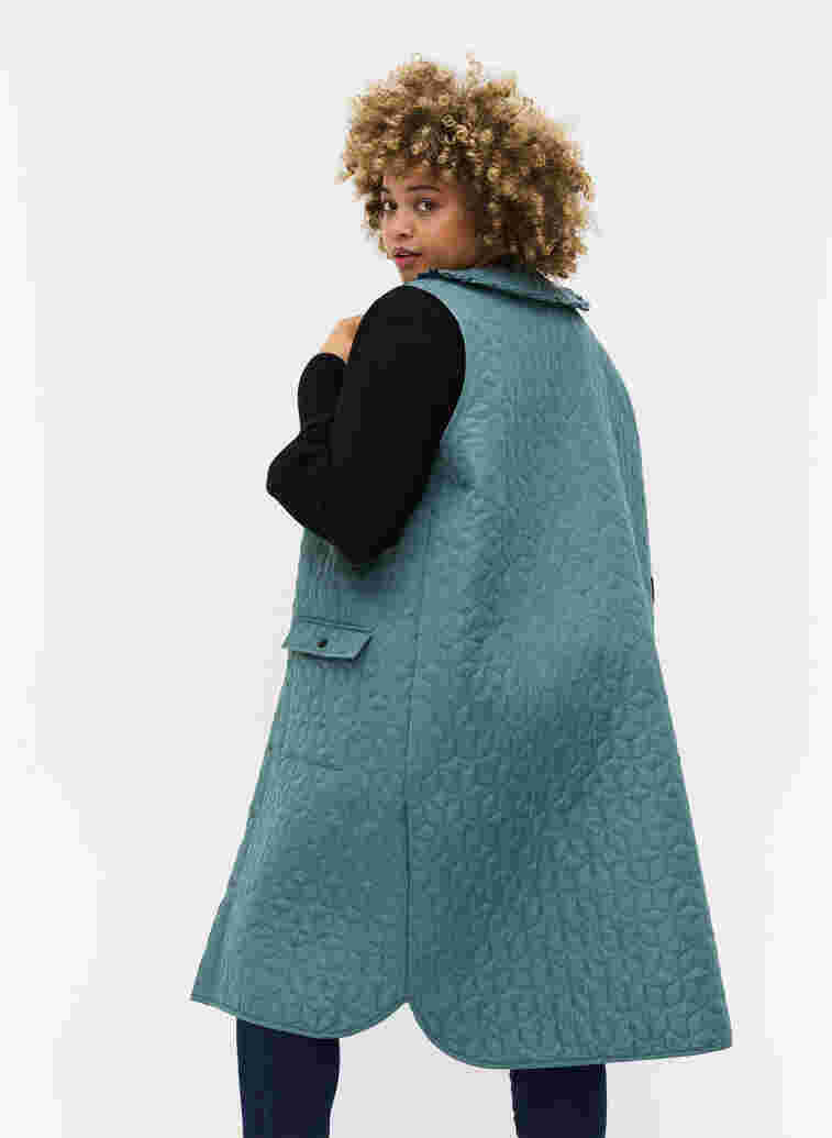 Long quilted vest with collar and frills, Sagebrush Green, Model image number 1