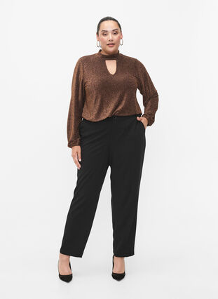 Long-sleeved glitter blouse with round neck and V-detail, Black Copper, Model image number 2