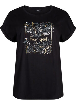 Organic cotton T-shirt with gold print, Black W. Free, Packshot image number 0