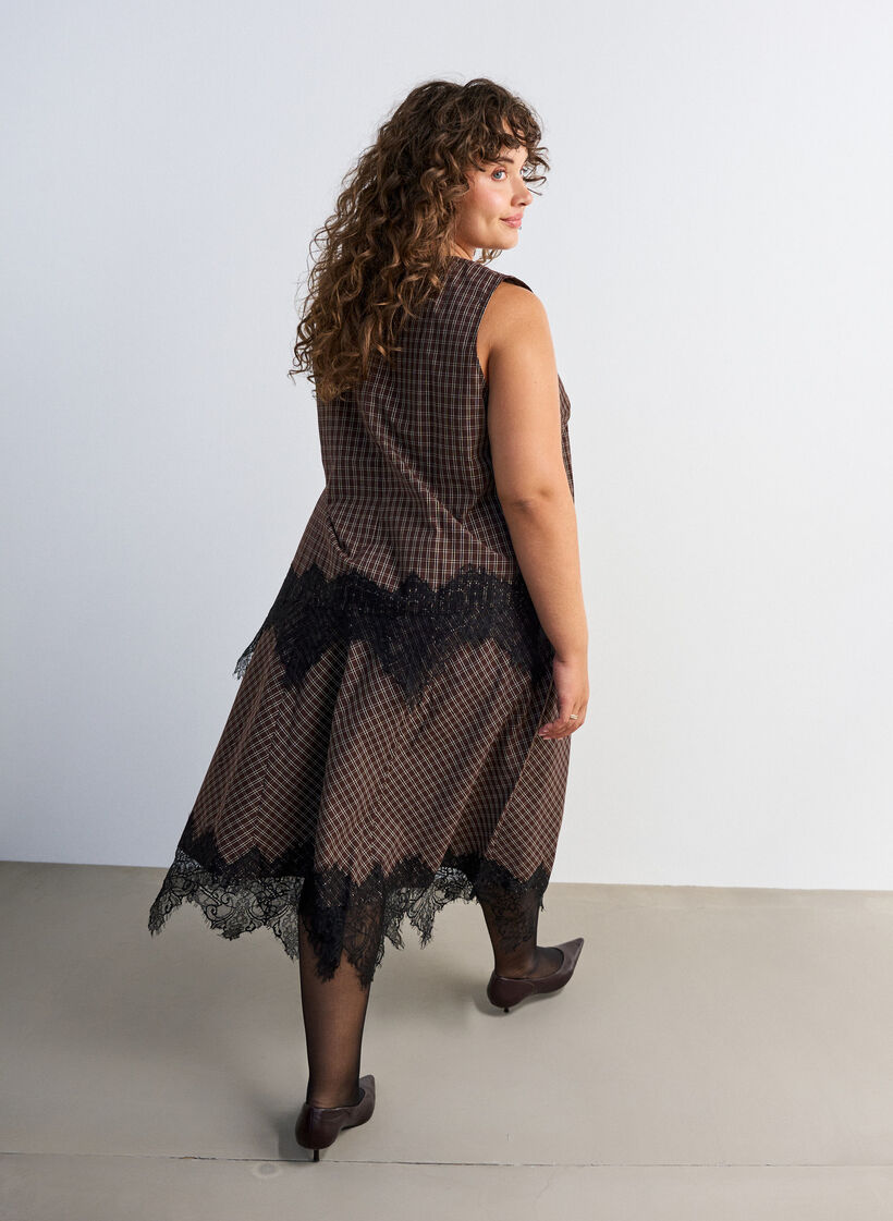 Checked top with asymmetric lace trim, Brown, Model