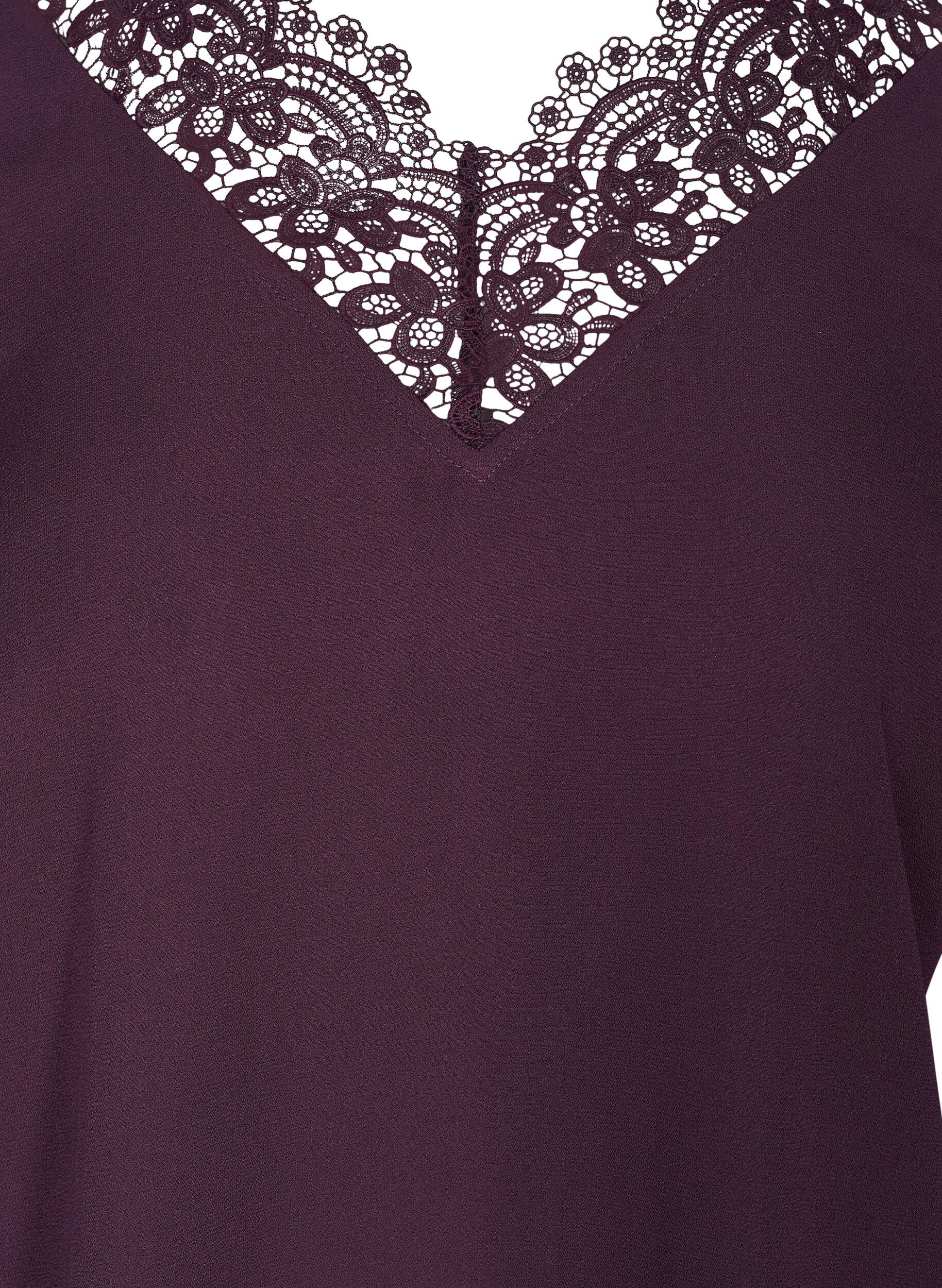 Zizzifashion Solid-coloured 3/4 sleeve blouse with lace, Plum Perfect, Packshot image number 2