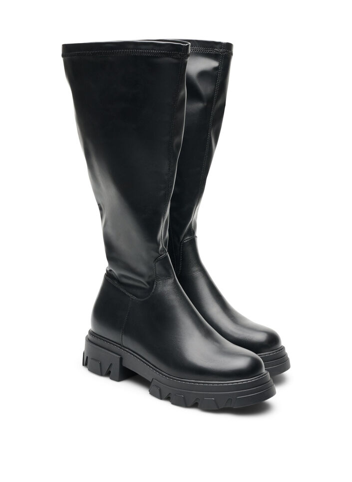 Long faux leather boot with a chunky sole, Black, Packshot image number 1
