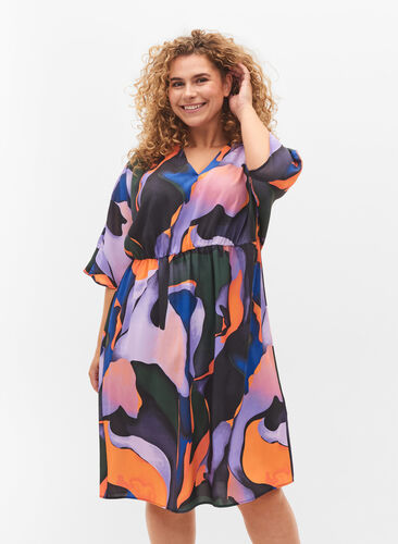 Midi dress with v-neck in coloured print, Big Scale Print, Model image number 0