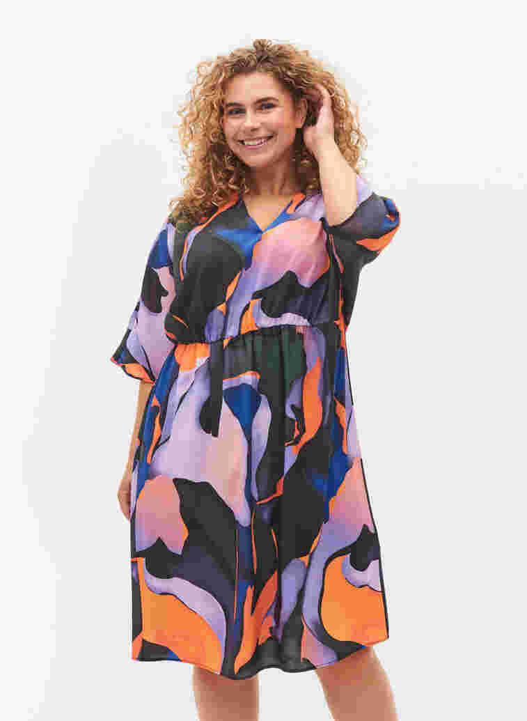 Midi dress with v-neck in coloured print, Big Scale Print, Model