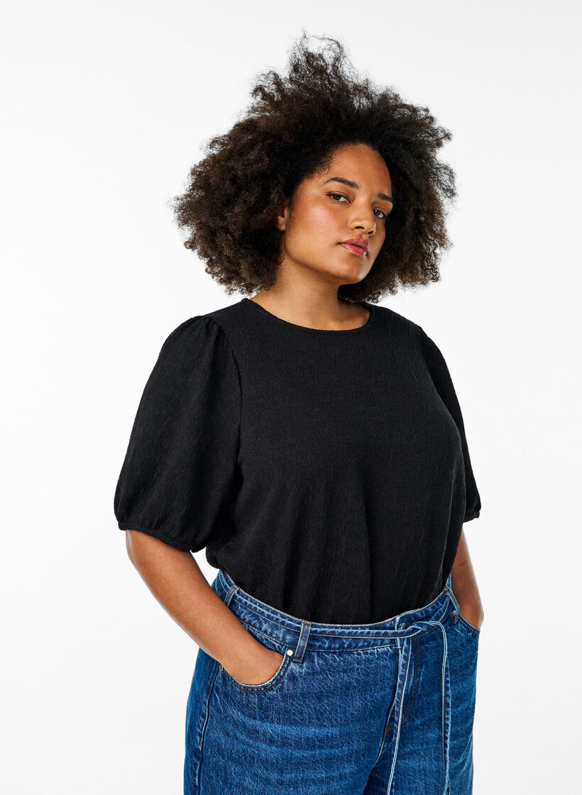 Structured blouse with short sleeves, Black, Model image number 0