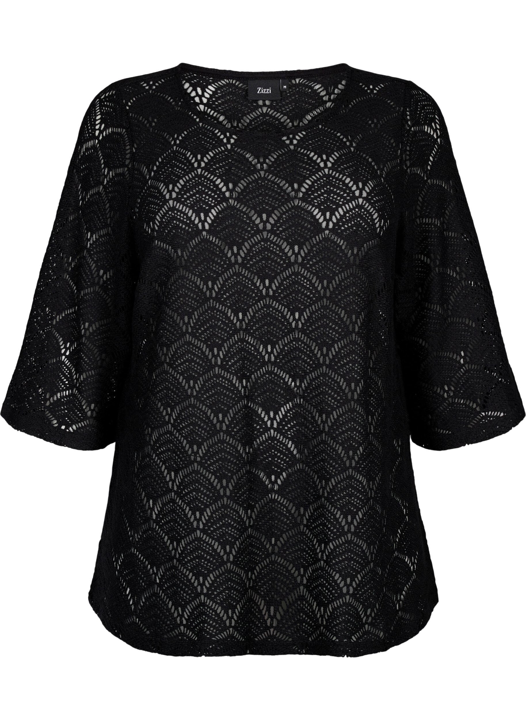 Zizzifashion Crochet blouse with 3/4 sleeves, Black, Packshot image number 0