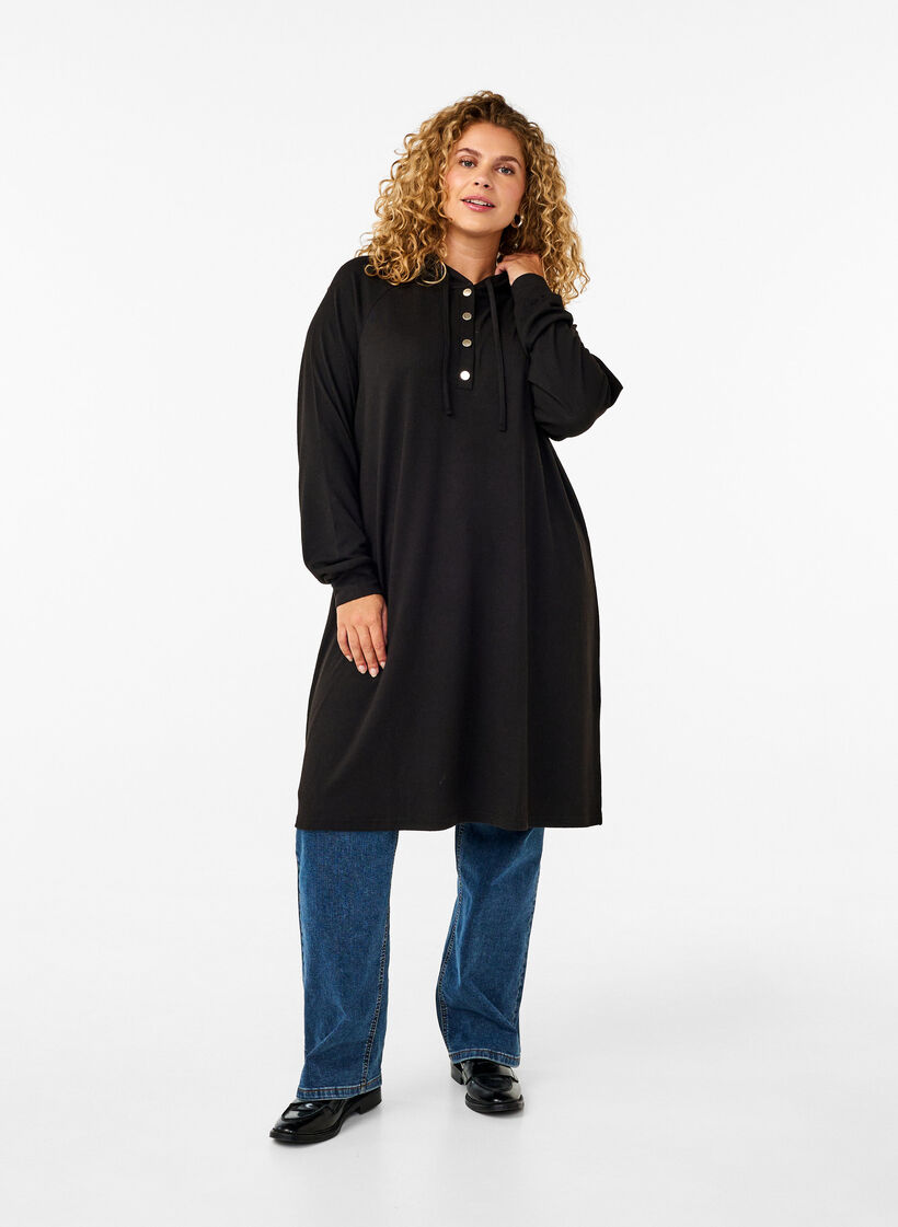 Long-sleeved sweat dress with hood, Black, Model image number 2