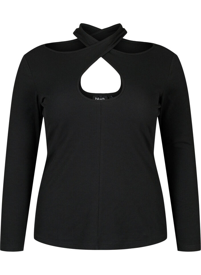 Cut-out blouse with long sleeves, Black, Packshot image number 0