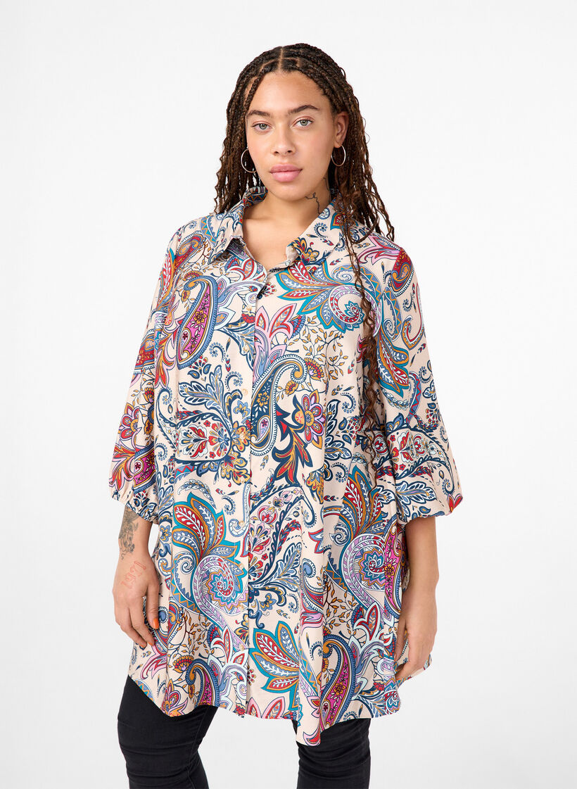 Paisley print viscose tunic with 3/4 sleeves, Sand Do. Paisley AOP, Model image number 0