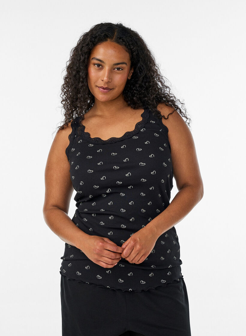 Top with print and lace edge, Black, Model image number 0