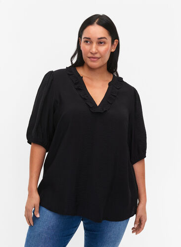 Viscose blouse with puff sleeves and ruffles, Black, Model image number 0