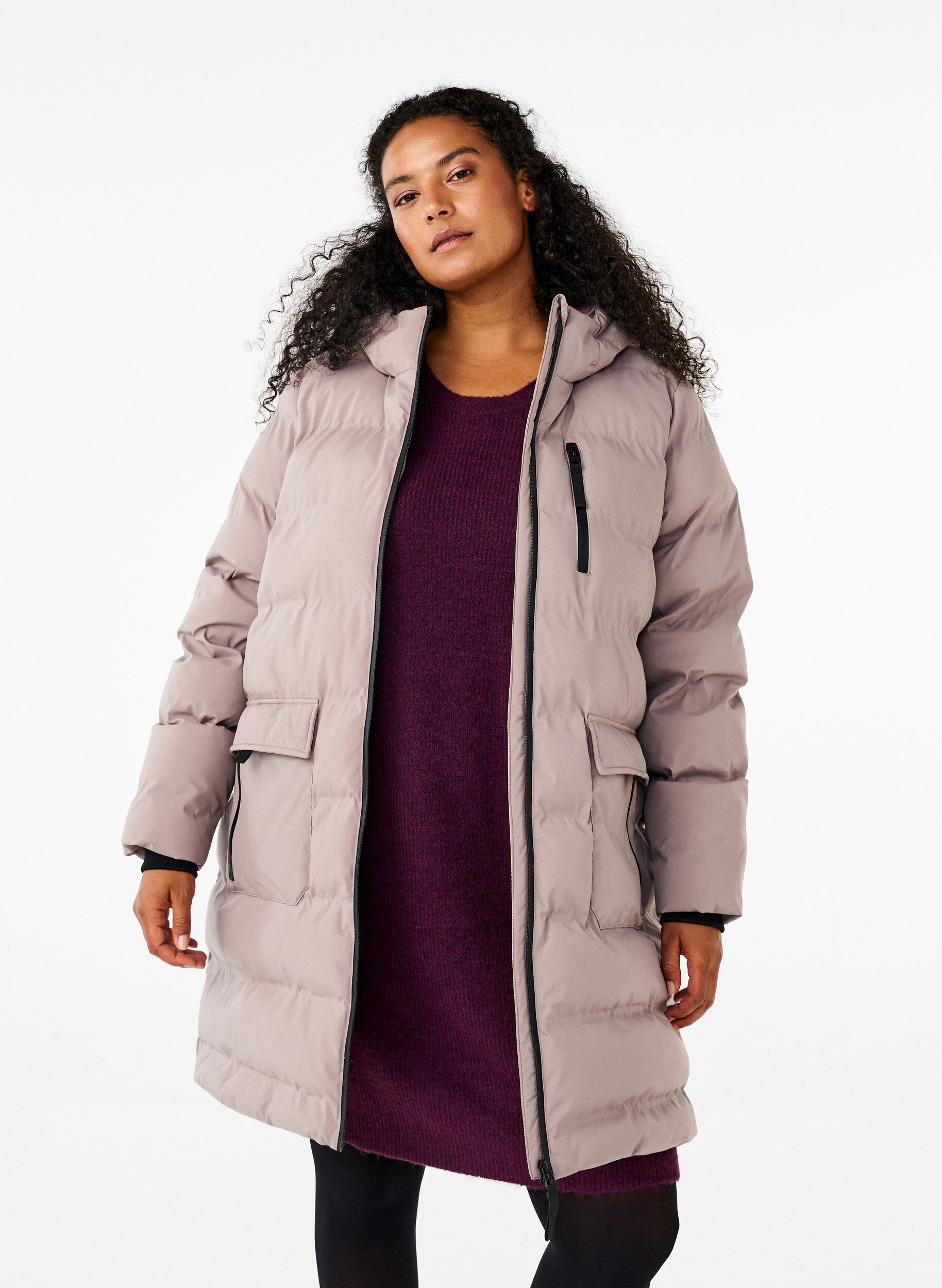 Zizzifashion Puffer coat with hood and pockets, Beige, Model image number 0