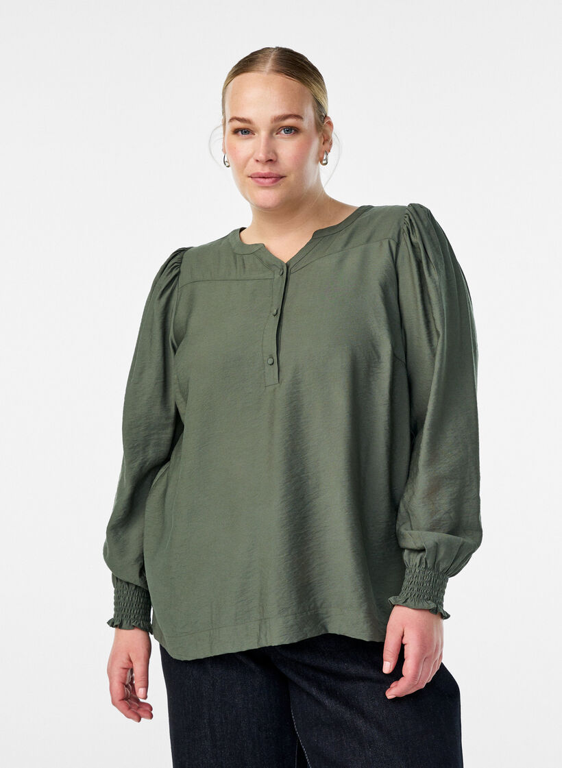 Viscose blouse with smock and gathered details, Green, Model image number 0