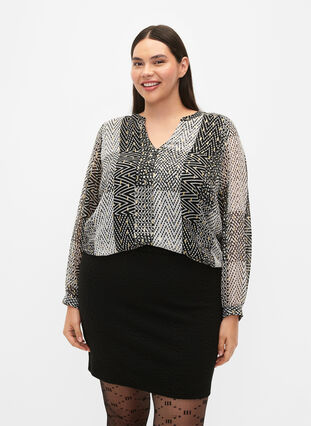 Printed blouse with v-neckline, Black Graphic Stripe, Model image number 0