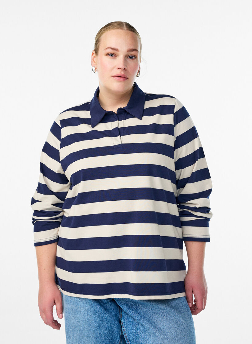 Long-sleeved polo shirt with wide stripes, Blue, Model image number 0