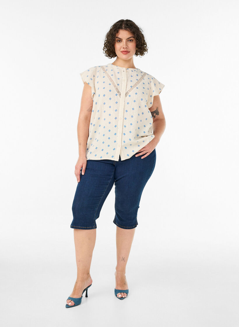 Sleeveless blouse with crochet trim and ruffle detail, Beige, Model image number 1