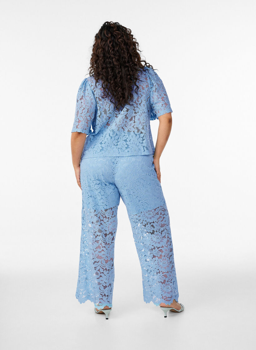 High-waisted lace trousers with straight legs, Blue, Model image number 1