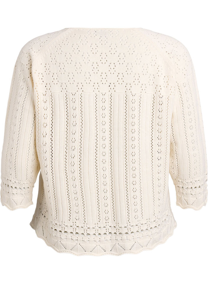 Knitted top with eyelet embroidery and 3/4 sleeves, Beige, Packshot image number 1