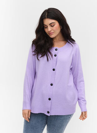 Short knitted cardigan with contrast-colour buttons, Purple Rose Mel., Model image number 0