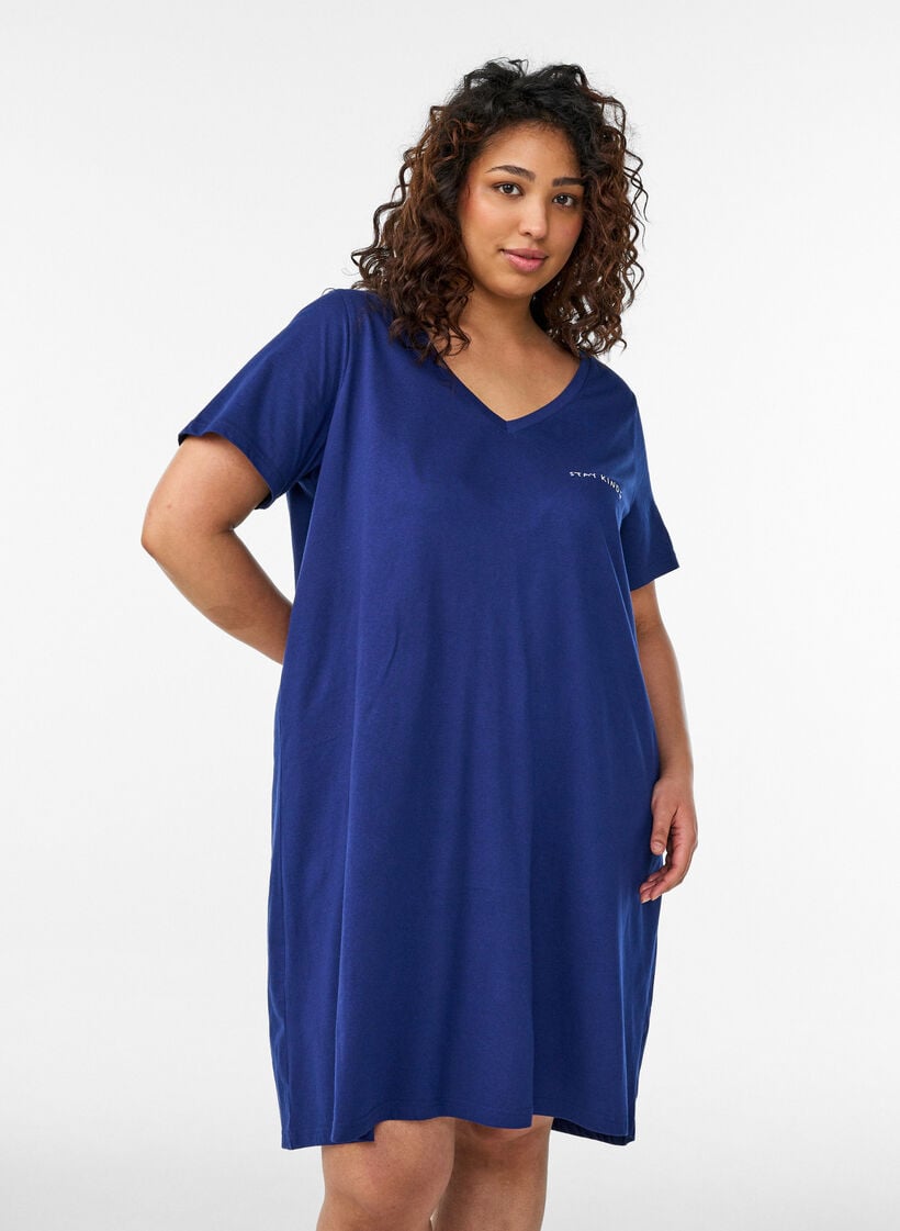 Organic cotton nightdress with V-neck, Blue, Model image number 0