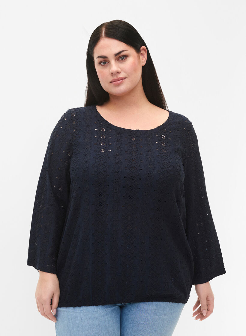 Blouse with broderie anglaise and 7/8 sleeves, Navy Blazer, Model image number 0