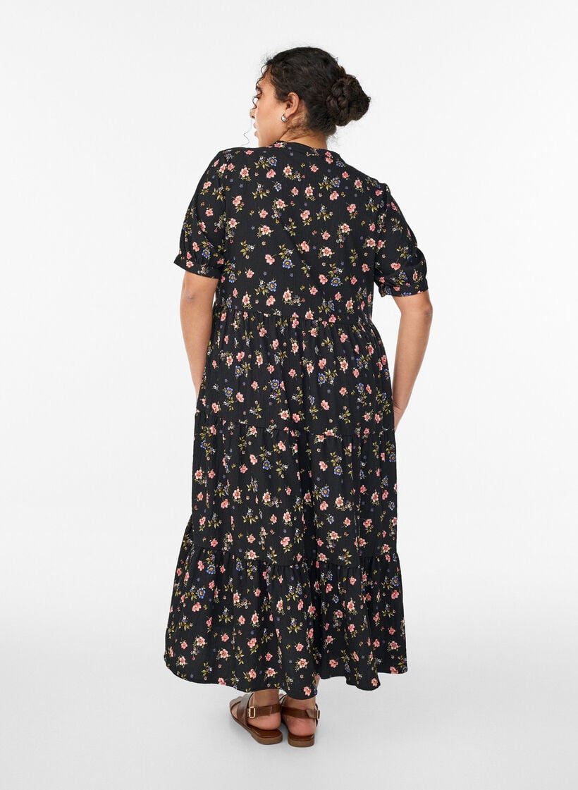 Ankle-length dress with short sleeves and tiered ruffles, Black, Model image number 1