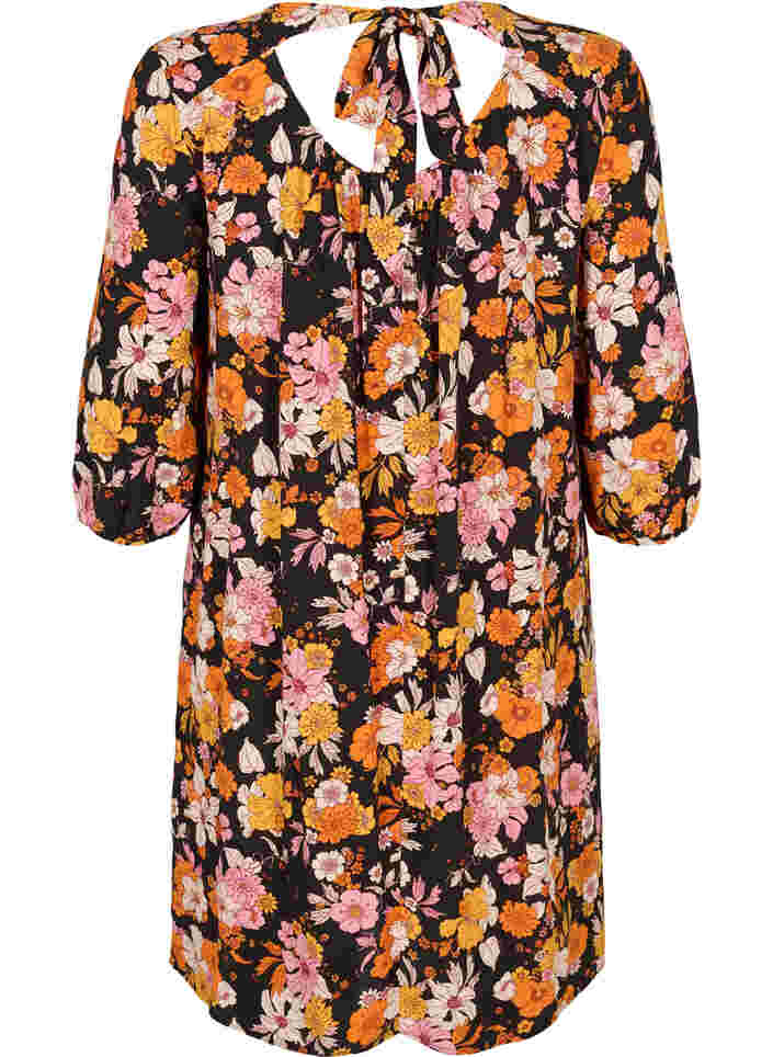 Floral viscose dress with 3/4 sleeves, Black Flower AOP, Packshot image number 1