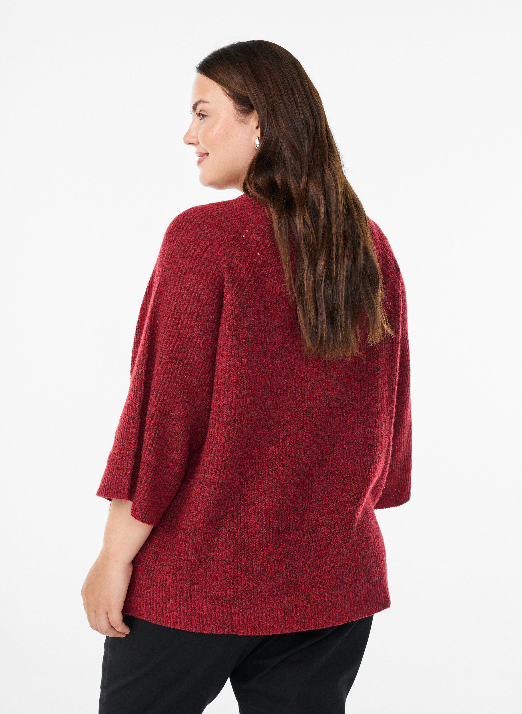Zizzifashion Ribbed jumper with 3/4 sleeves, Red, Model image number 2