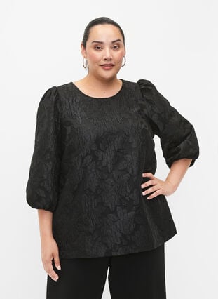 Jacquard blouse with 3/4 sleeves, Black, Model image number 0