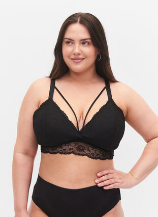 Lace bra with string details, Black, Model image number 0