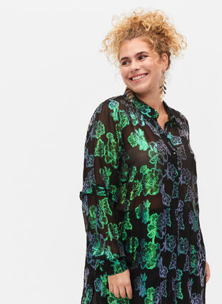 Long viscose shirt with lurex structure, Black W. Green Lurex, Model image number 2