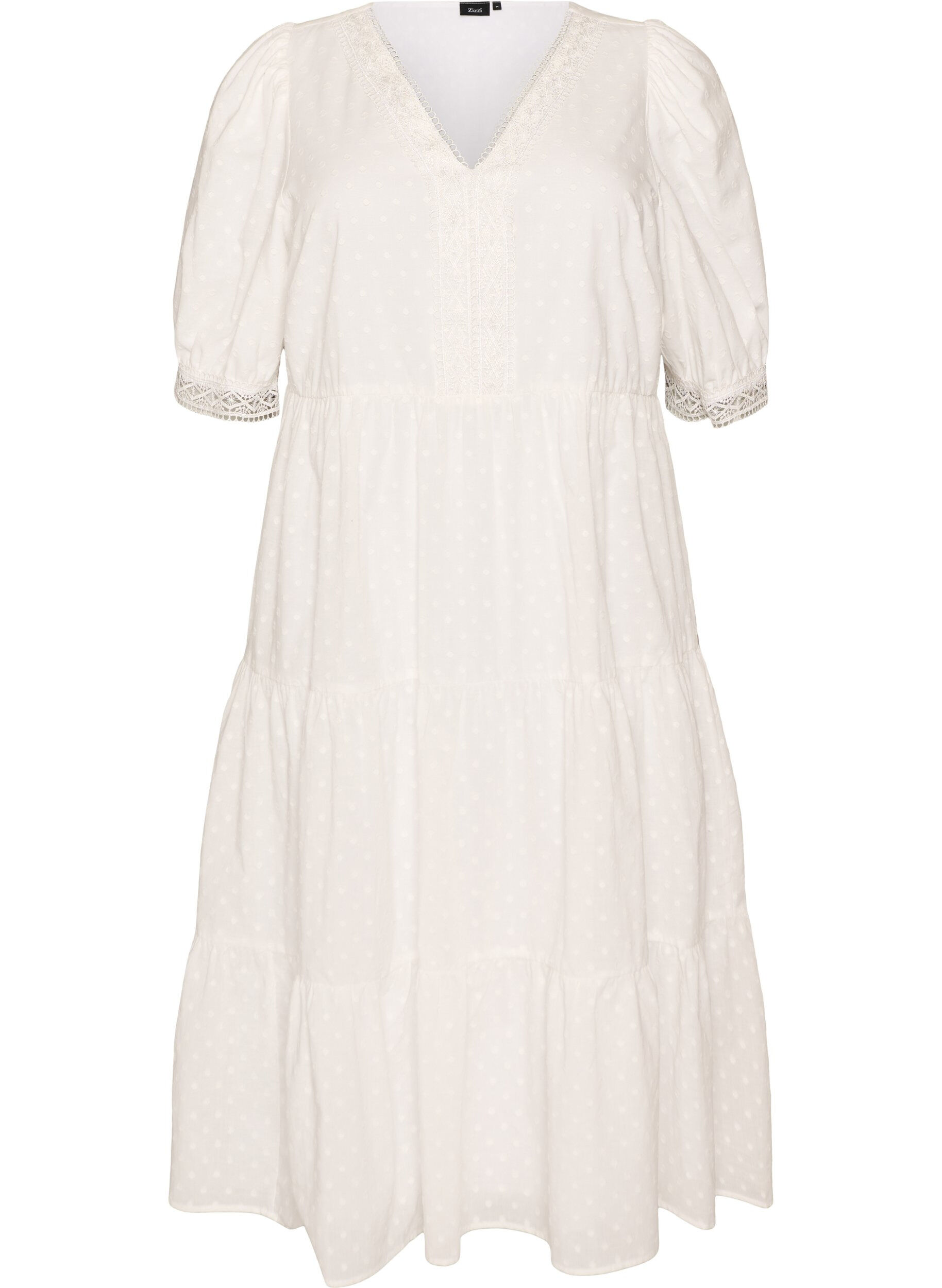Zizzifashion Textured cotton midi dress with crochet details, White, Packshot image number 0