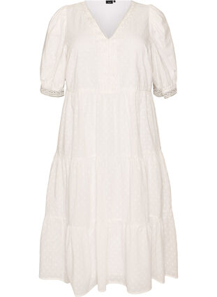 Textured cotton midi dress with crochet details - White - Sz. 40-64 - Zizzifashion Textured cotton midi dress with crochet details - White - Sz. 40-64 - Zizzifashion