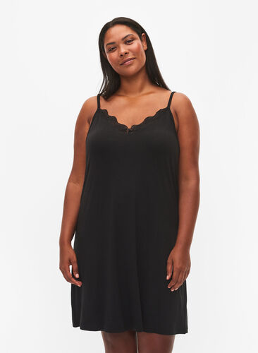 Viscose nightgown with lace trim, Black, Model image number 0