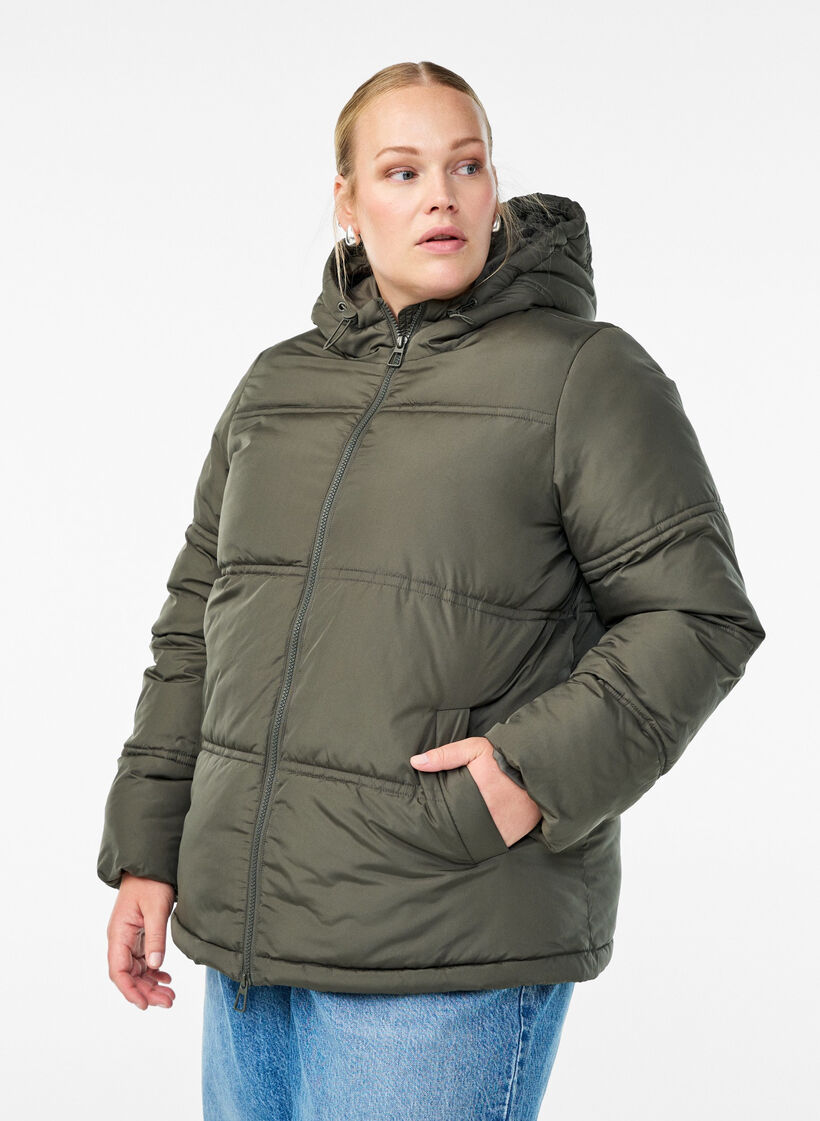 Short puffer jacket with a hood and two-way zipper, Dark Grey, Model image number 0