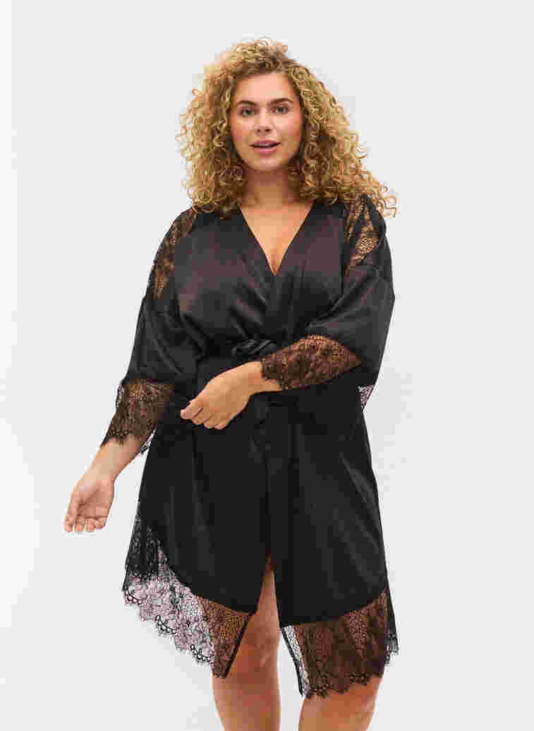 Dressing gown with lace details and tie belt, Black, Model image number 0