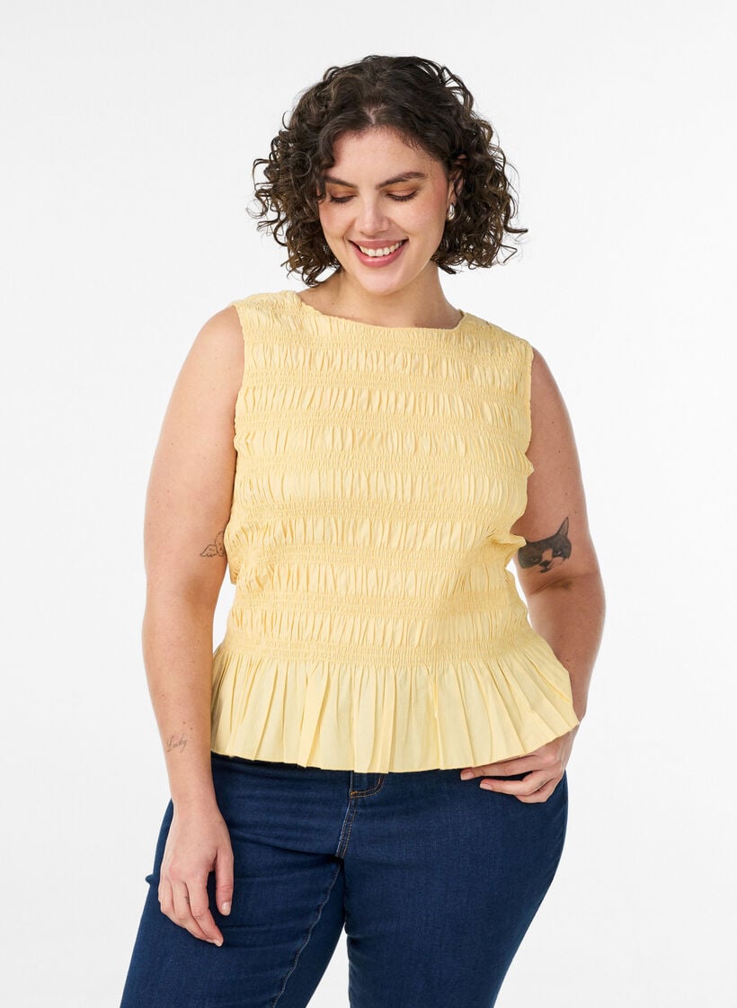 Smock top with boat neck and peplum hem, Yellow, Model image number 0