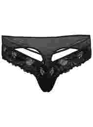 Lace thong with string and mesh, Black, Packshot