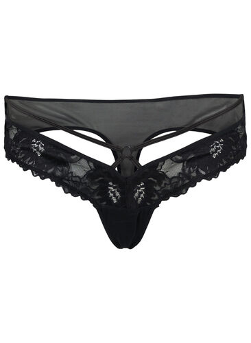 Lace thong with string and mesh, Black, Packshot image number 0