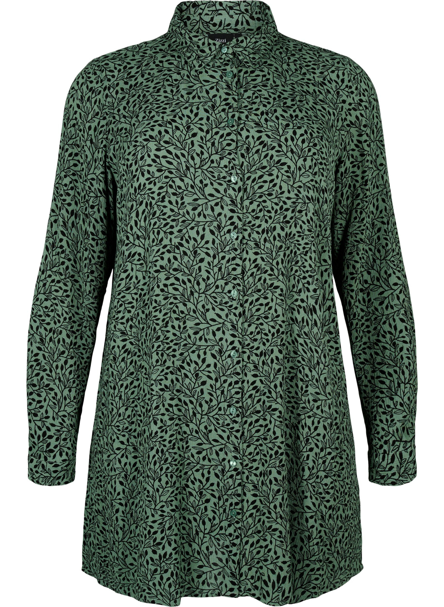 Zizzifashion Long viscose shirt with print, Green AOP, Packshot image number 0