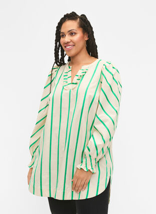 Striped tunic in cotton with smock and ruffles, Beige Green Stripe, Model image number 0