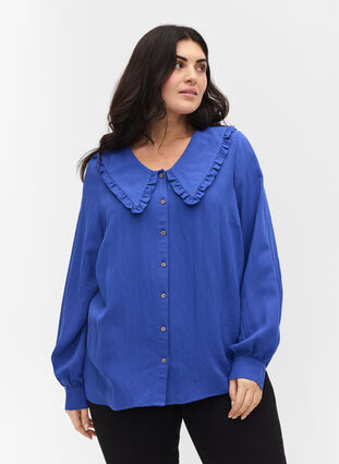 Viscose shirt with wide collar, Dazzling Blue, Model image number 0