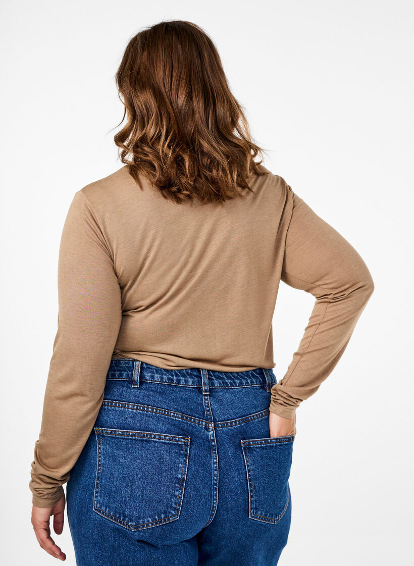 Long-sleeved blouse in wool and viscose, Brown, Model image number 2