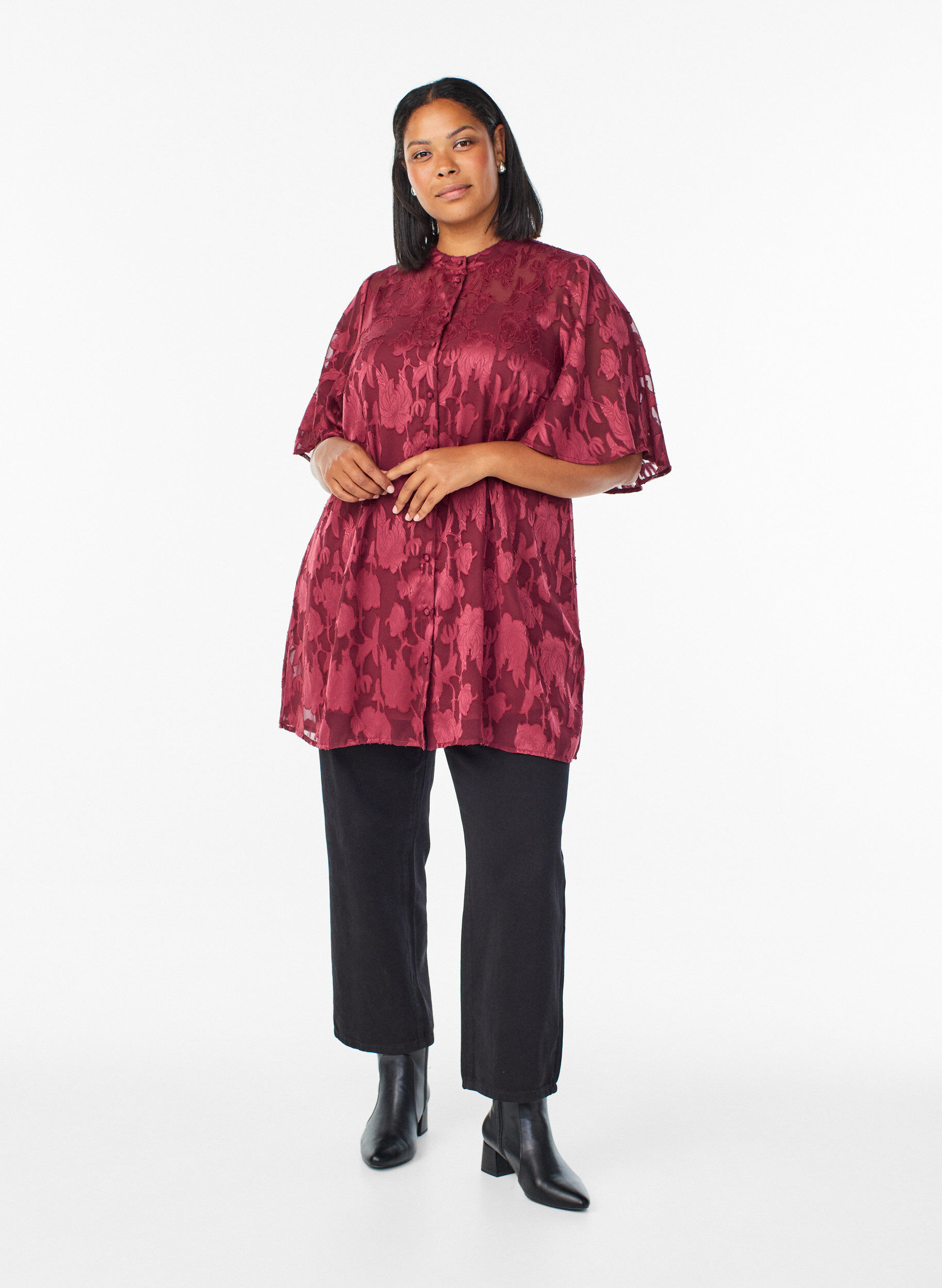 Zizzifashion Short A-line dress with a floral print, Dark Bordeaux, Model image number 1