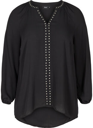 Long-sleeved v-neck blouse with studs, Black, Packshot image number 0