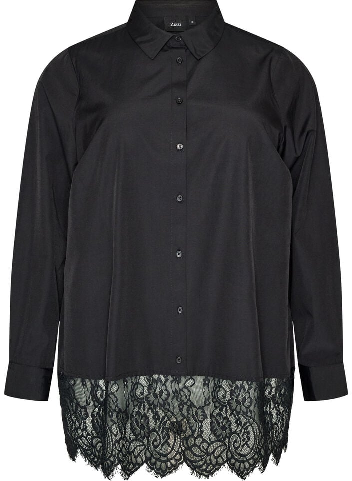 Loose shirt with a wide lace trim, Black, Packshot image number 0