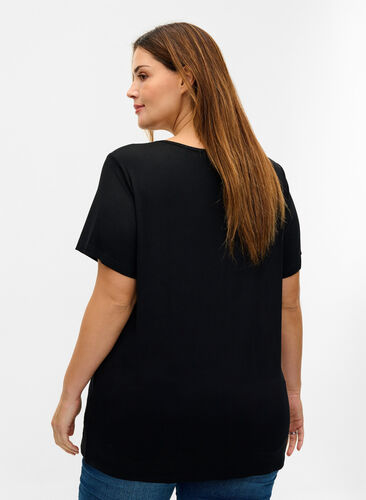 Short-sleeved viscose t-shirt with lace details, Black, Model image number 1
